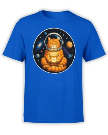 Blue T-shirt with orange astronaut cat holding a glowing MEOW box in a starry galaxy