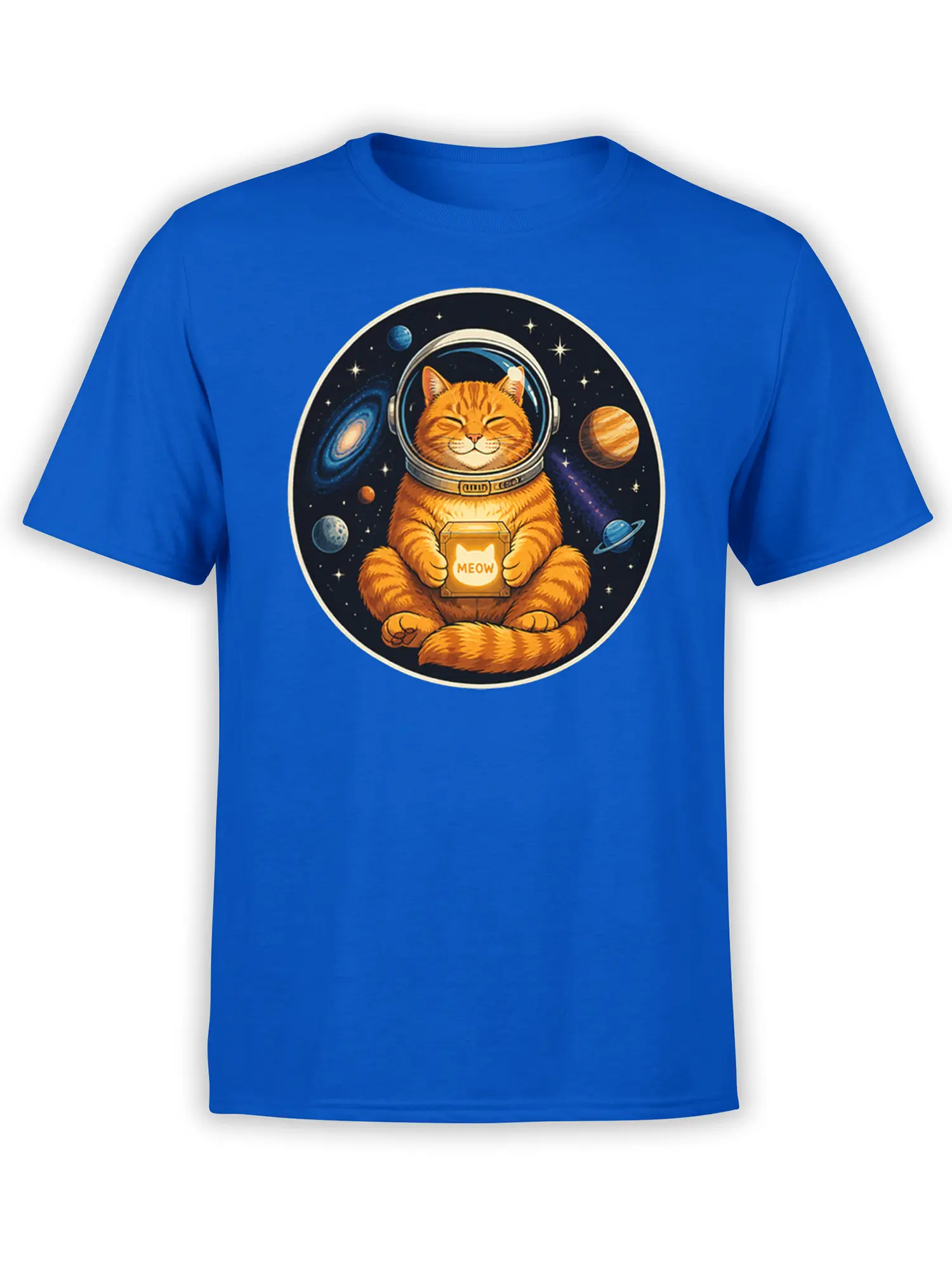 Blue T-shirt with orange astronaut cat holding a glowing MEOW box in a starry galaxy
