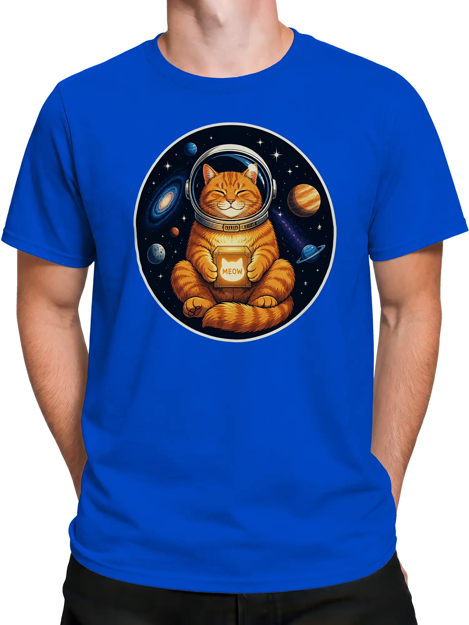 Male torso wearing blue astronaut cat T-shirt with planets and stars