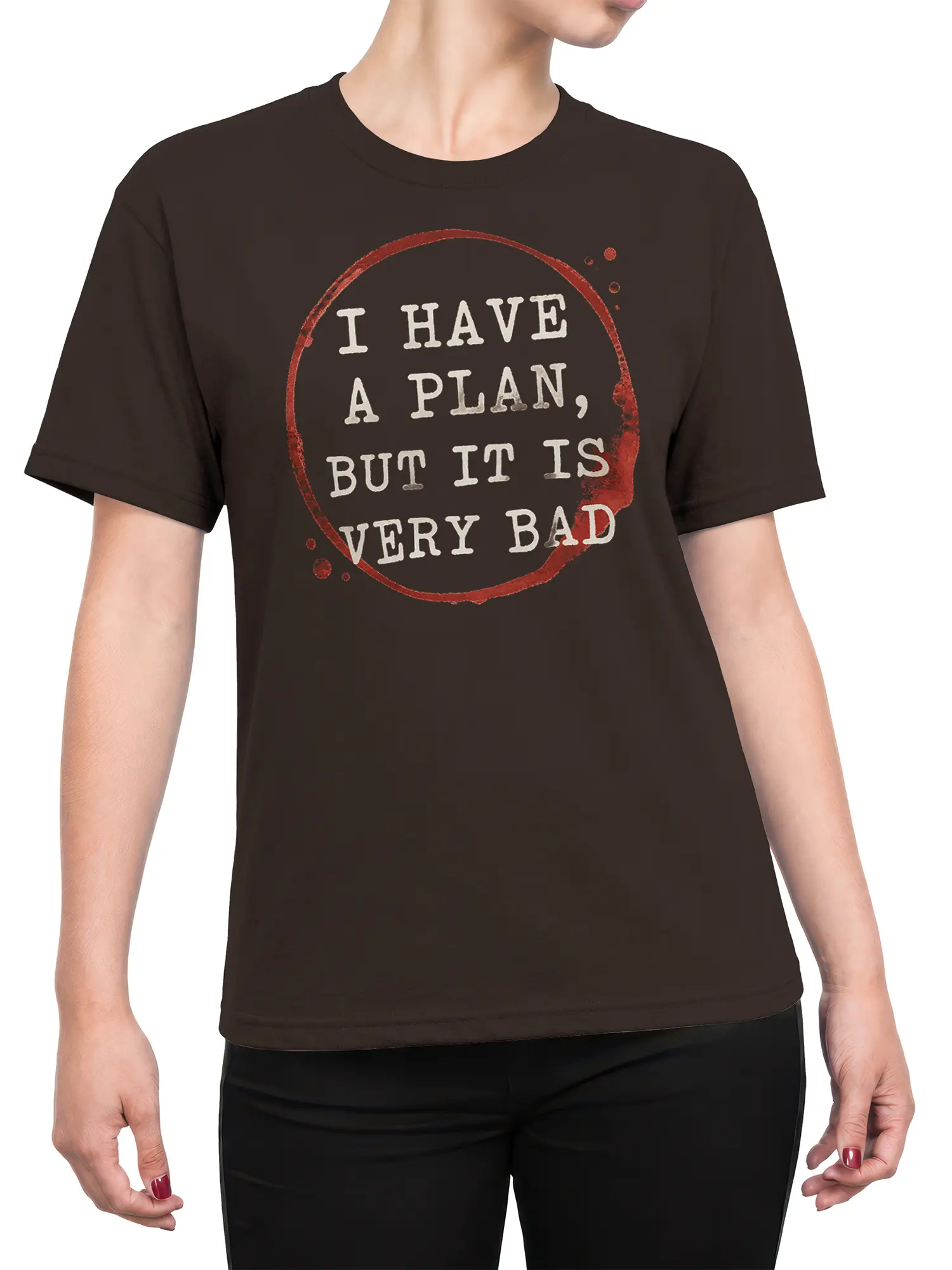 Female torso wearing a brown T-shirt with a distressed red circle and cream bad plan slogan design