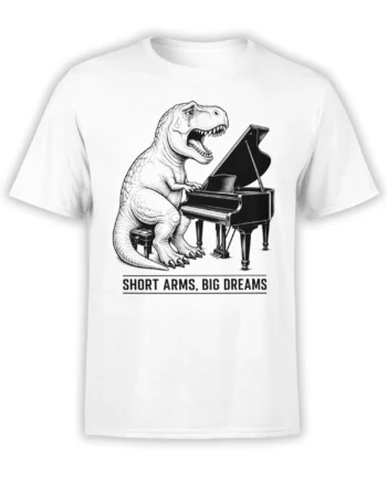 White T-shirt with a black-and-white dinosaur playing grand piano and “Short Arms, Big Dreams” text