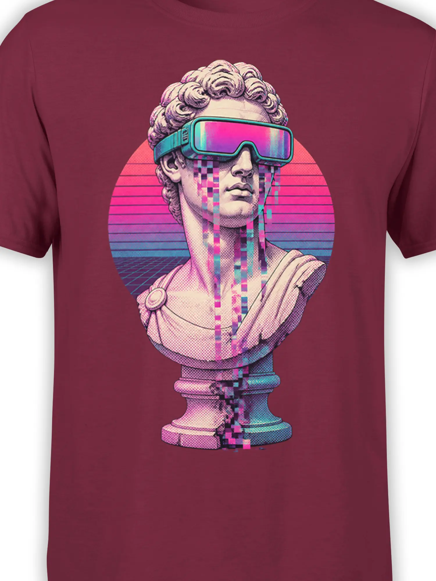 Close-up of the visor, classical face, neon grid, and glitch pixels on a burgundy cyberpunk shirt