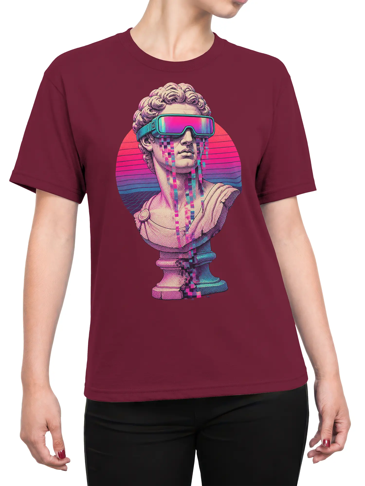 Female torso wearing a burgundy T-shirt with a neon cyberpunk statue and glitch art graphic