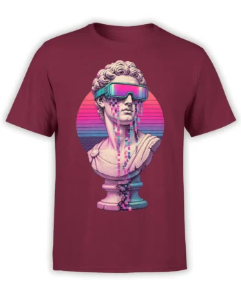 Cyberpunk classical bust with futuristic visor and neon glitch art on a burgundy T-shirt