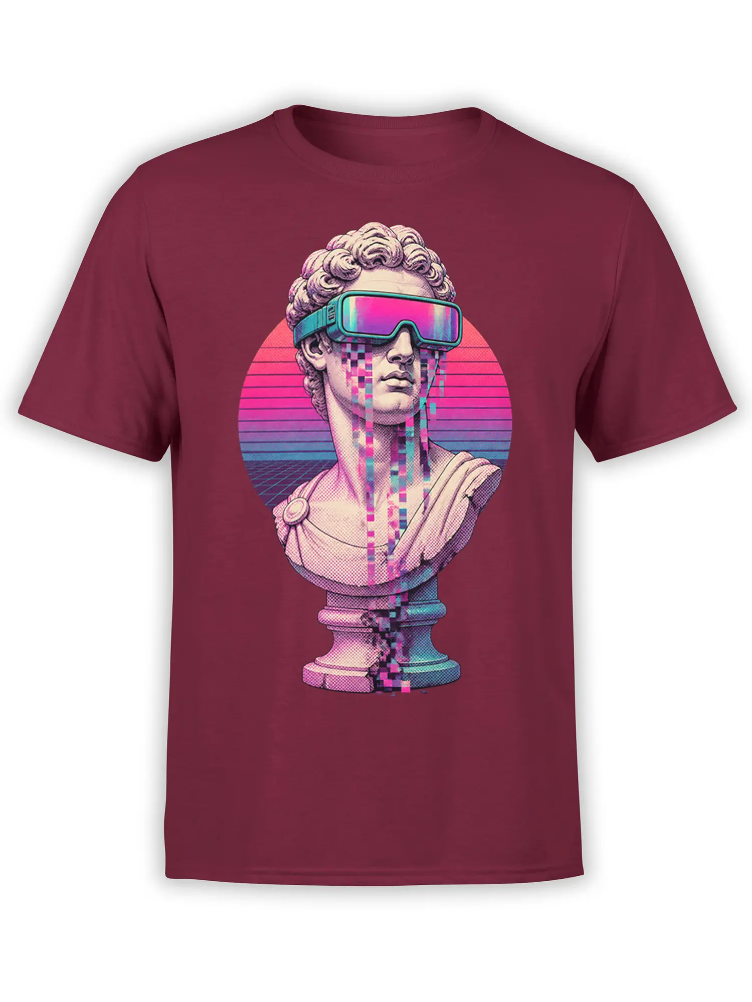 Cyberpunk classical bust with futuristic visor and neon glitch art on a burgundy T-shirt