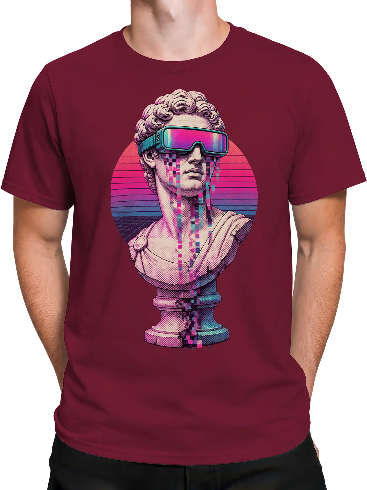 Male torso wearing a burgundy T-shirt with a futuristic visor statue and neon glitch artwork