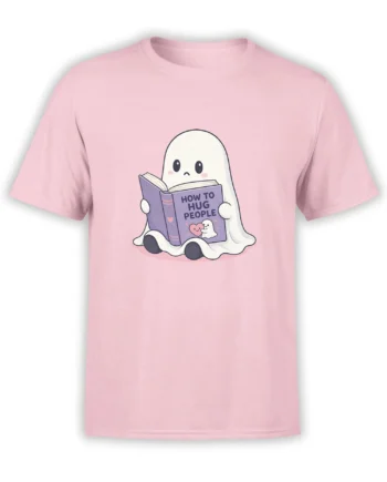 Cute white ghost reading a purple How to Hug People book on a pink graphic T-shirt