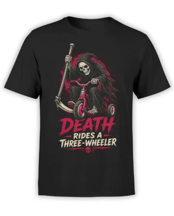 Black T-shirt with a hooded grim reaper riding a three-wheeler beneath bold red and cream lettering