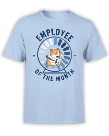 Light blue hamster T-shirt with a tie-wearing hamster running in a wheel and Employee of the Month text
