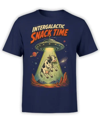 Vintage UFO cow design with intergalactic snack time text on a navy T-shirt