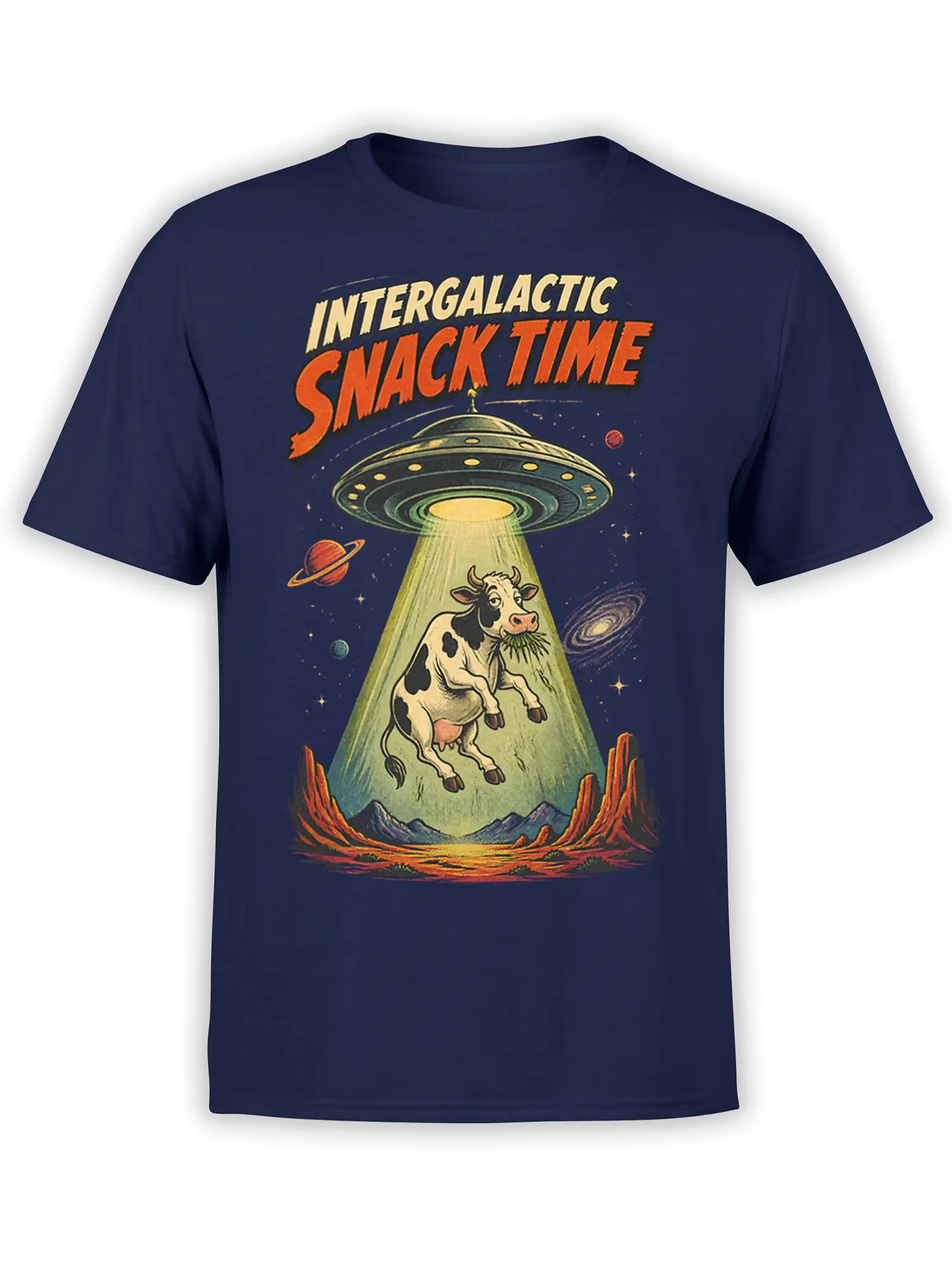 Vintage UFO cow design with intergalactic snack time text on a navy T-shirt