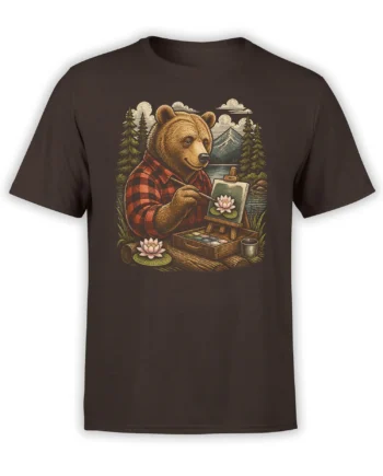 Brown bear painting a pink lotus by a mountain lake on a dark brown T-shirt