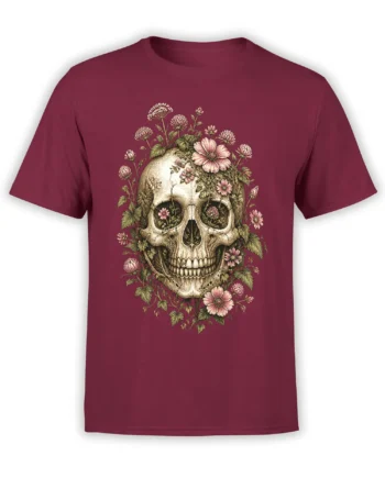 Burgundy T-shirt with a detailed skull surrounded by pink flowers and vintage botanical leaves
