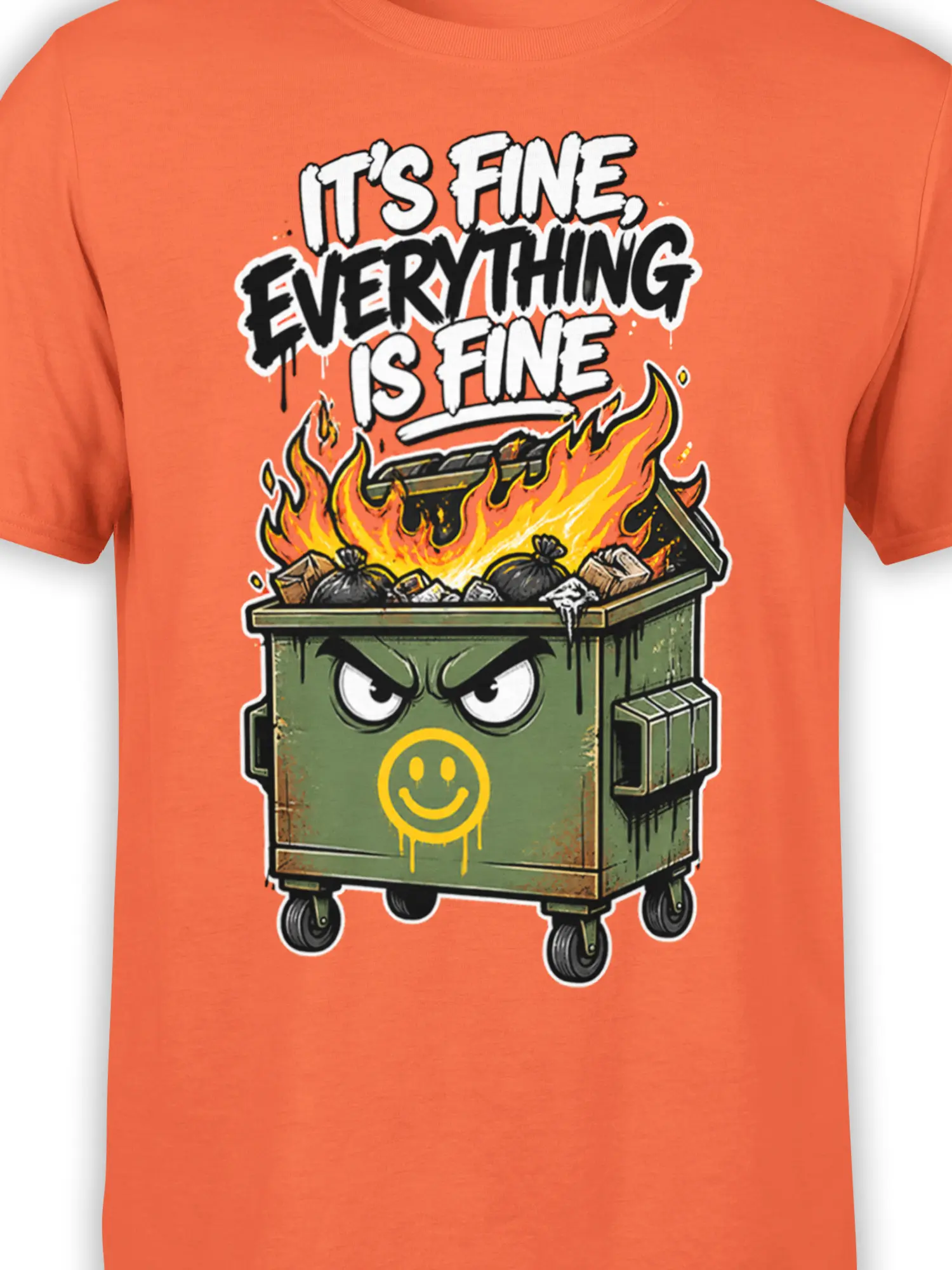Close-up of flaming dumpster graphic with angry eyes, smiley face, and bold sarcastic text on coral fabric