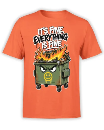 Coral T-shirt with a flaming green dumpster, angry eyes, yellow smiley face, and sarcastic lettering