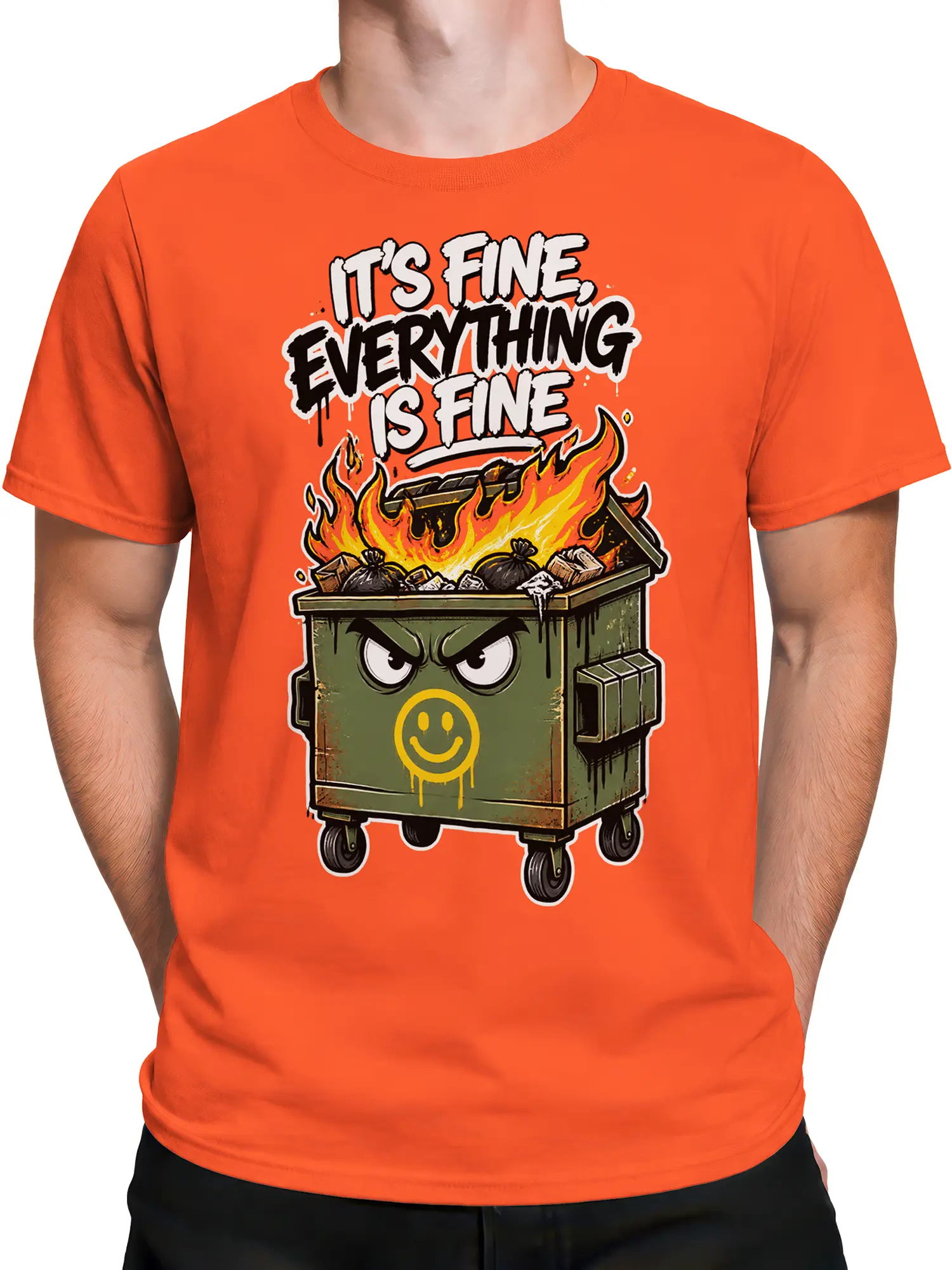 Male torso wearing a coral T-shirt with a sarcastic flaming dumpster graphic and smiley face