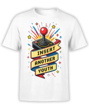 White T-shirt with colorful pixel-art joystick, stars, and “INSERT ANOTHER YOUTH” banner design