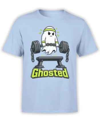 Light blue T-shirt with a determined white ghost lifting a chain-loaded barbell above a bench