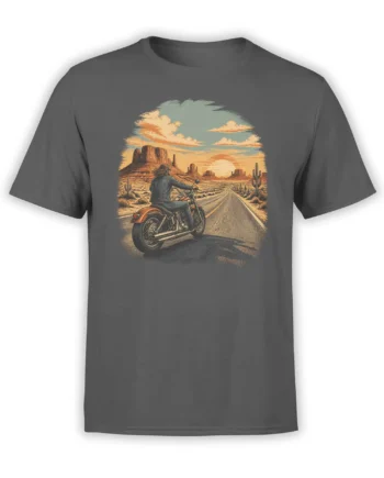 Vintage motorcycle rider crossing a desert highway with mesas and sunset on a charcoal gray T-shirt