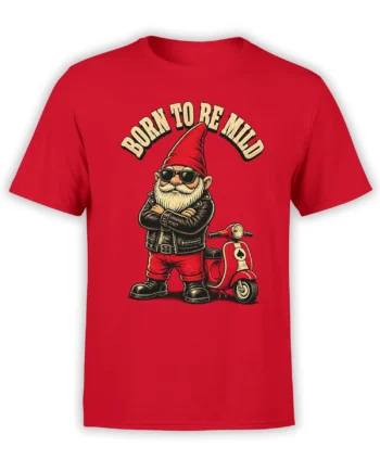 Red gnome rider T-shirt with sunglasses, leather jacket, scooter, and Born to Be Mild lettering