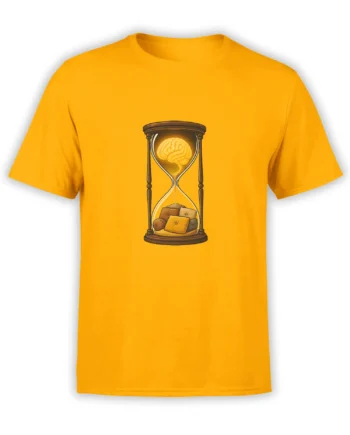 Yellow T-shirt with a vintage hourglass design showing a glowing brain above a stack of cushions