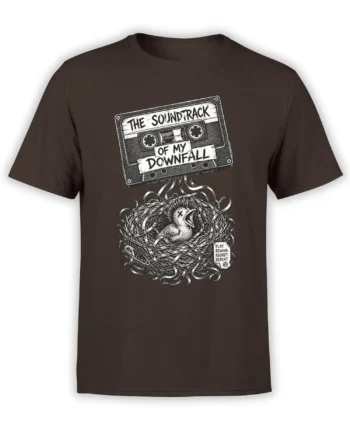 Brown music t-shirt with a vintage cassette tape, tangled nest, chick, and “The Soundtrack of My Downfall” text