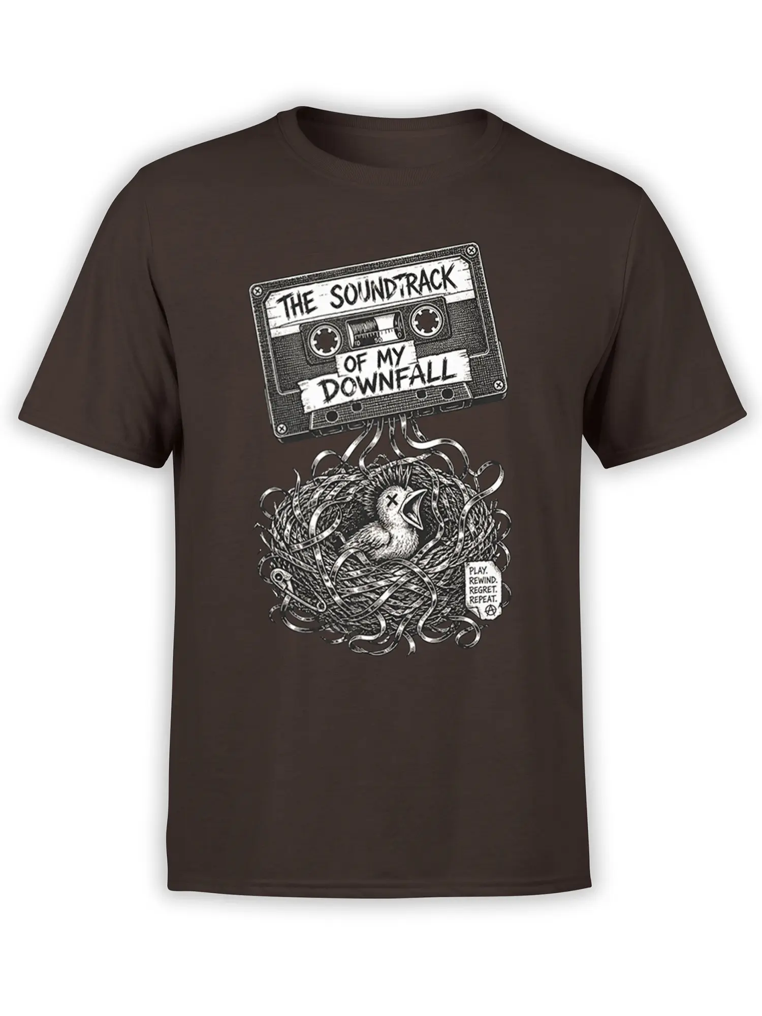 Brown music t-shirt with a vintage cassette tape, tangled nest, chick, and “The Soundtrack of My Downfall” text