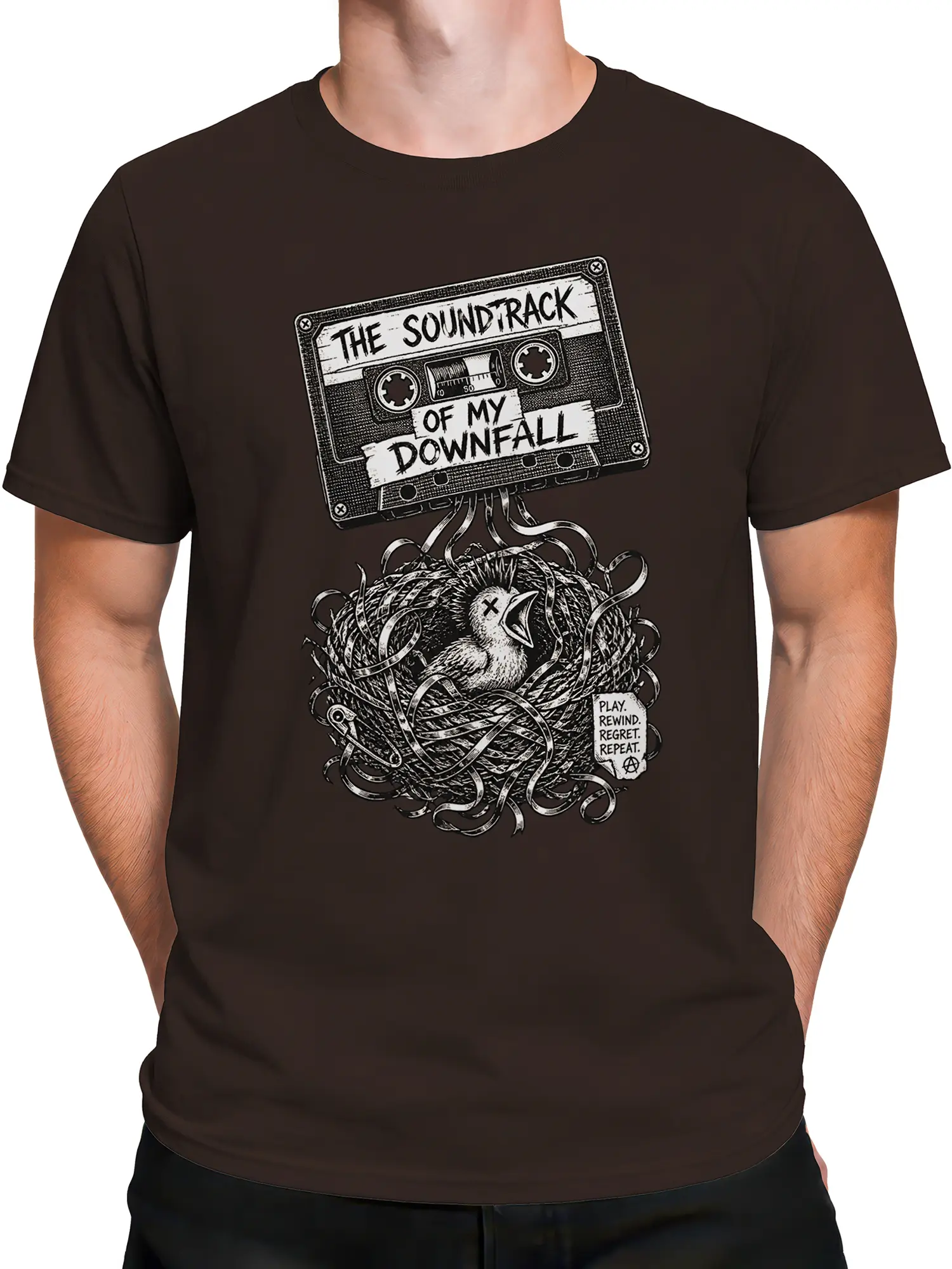 Male torso wearing a brown vintage music t-shirt with a cassette tape and chick in a tangled nest