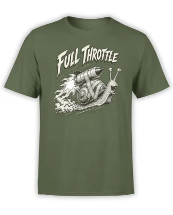 Olive green T-shirt with a vintage rocket snail graphic and bold FULL THROTTLE lettering