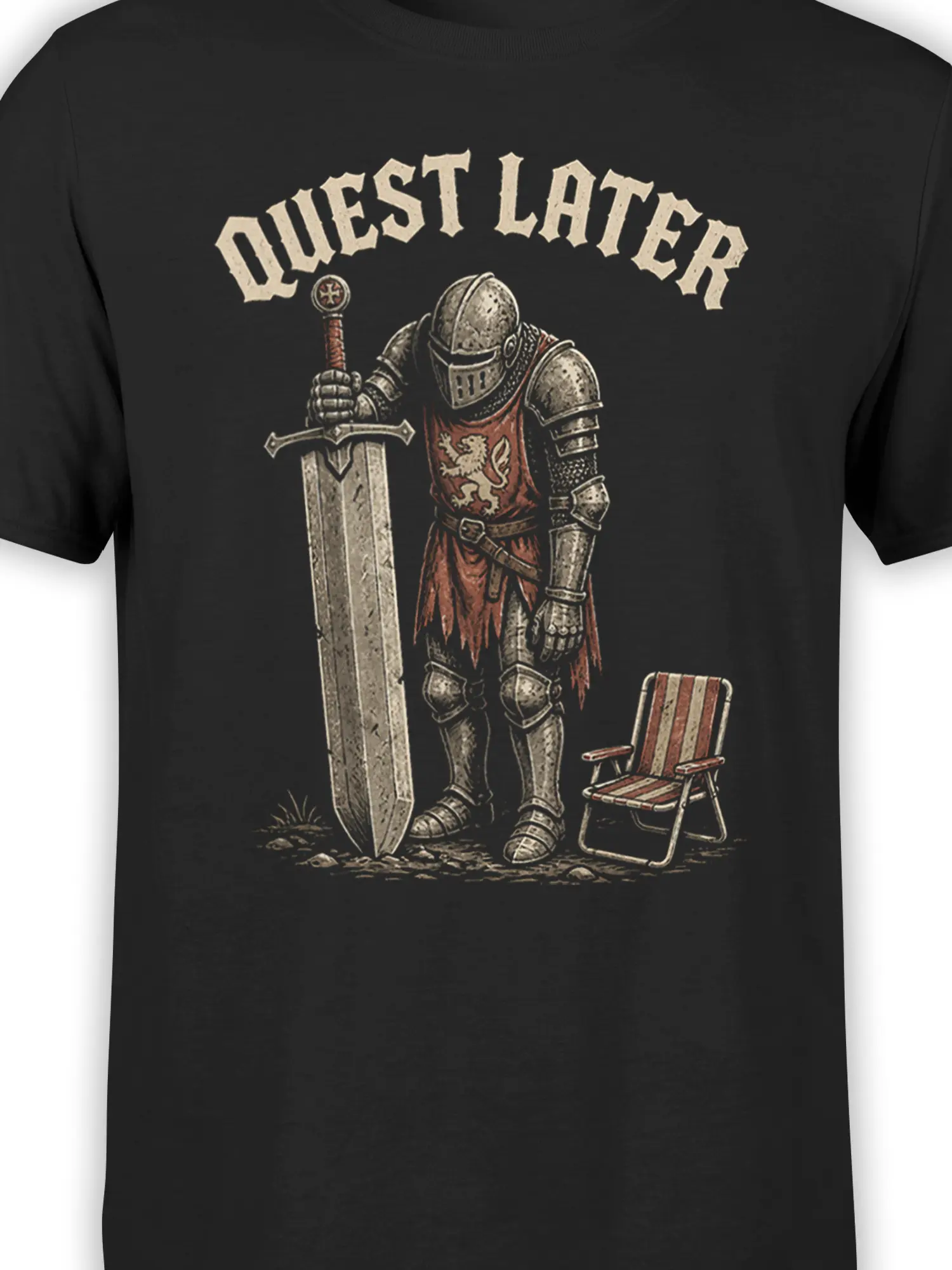 Close-up of the armored knight, giant sword, folding chair, and “QUEST LATER” artwork on black fabric