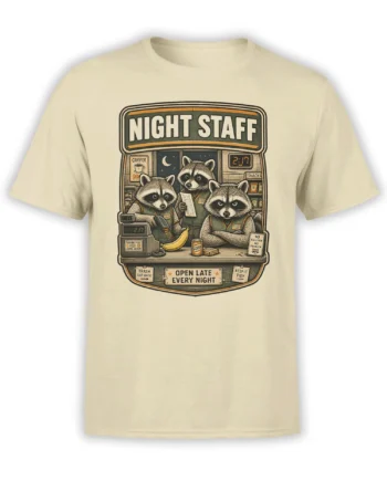 Beige raccoon night staff T-shirt with three workers, snacks, coffee, and an open late store scene