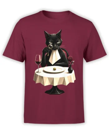 Elegant black cat dinner design with wine, rose, olive, and magnifying glass on a burgundy T-shirt