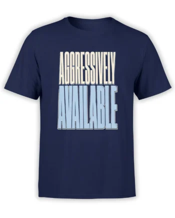 Navy T-shirt with bold cream and light blue “Aggressively Humble” retro slogan lettering