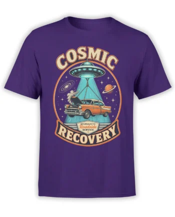 Purple T-shirt with Cosmic Recovery artwork, a UFO lifting a vintage car beneath stars and a ringed planet