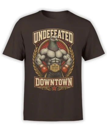 Muscular pigeon boxer graphic on a dark brown T-shirt with red gloves and a heavyweight championship belt
