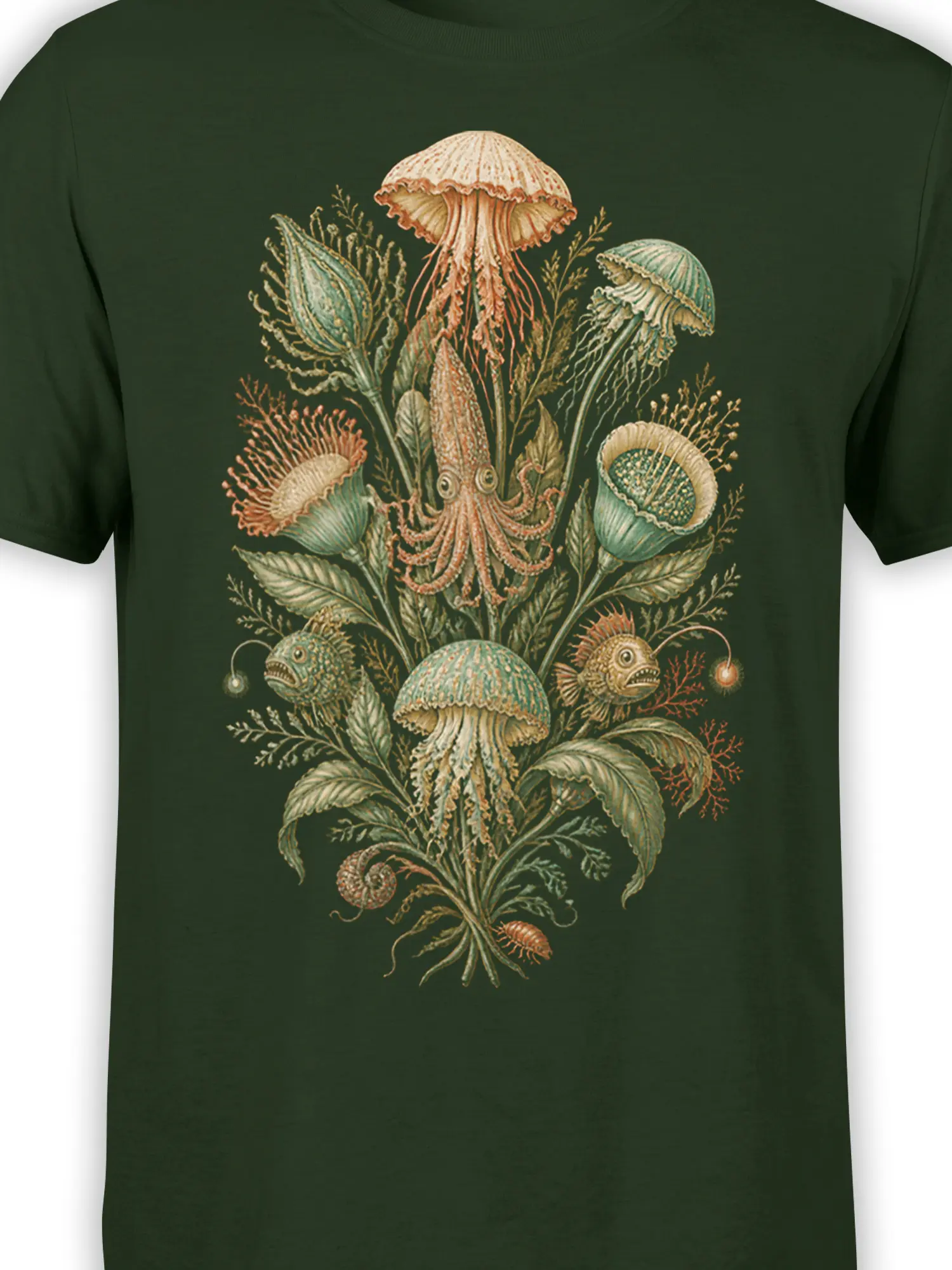 Close-up of vintage jellyfish, squid, and anglerfish artwork printed on a dark green sea life T-shirt