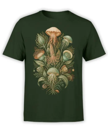 Dark green T-shirt with a vintage sea life illustration of jellyfish, squid, anglerfish, and sea plants