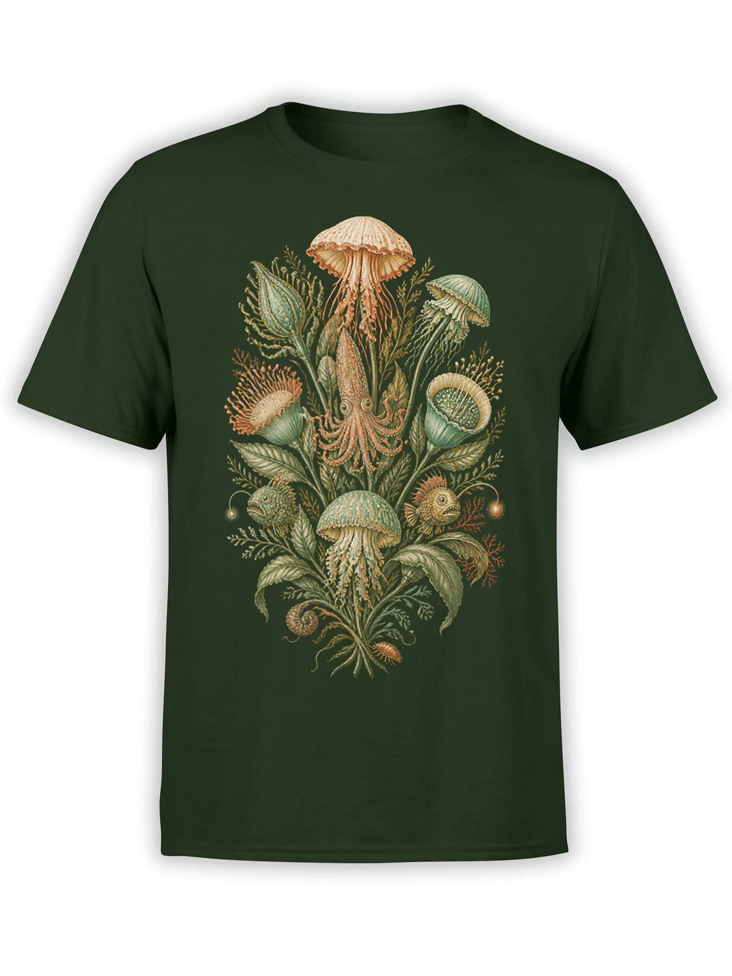 Dark green T-shirt with a vintage sea life illustration of jellyfish, squid, anglerfish, and sea plants