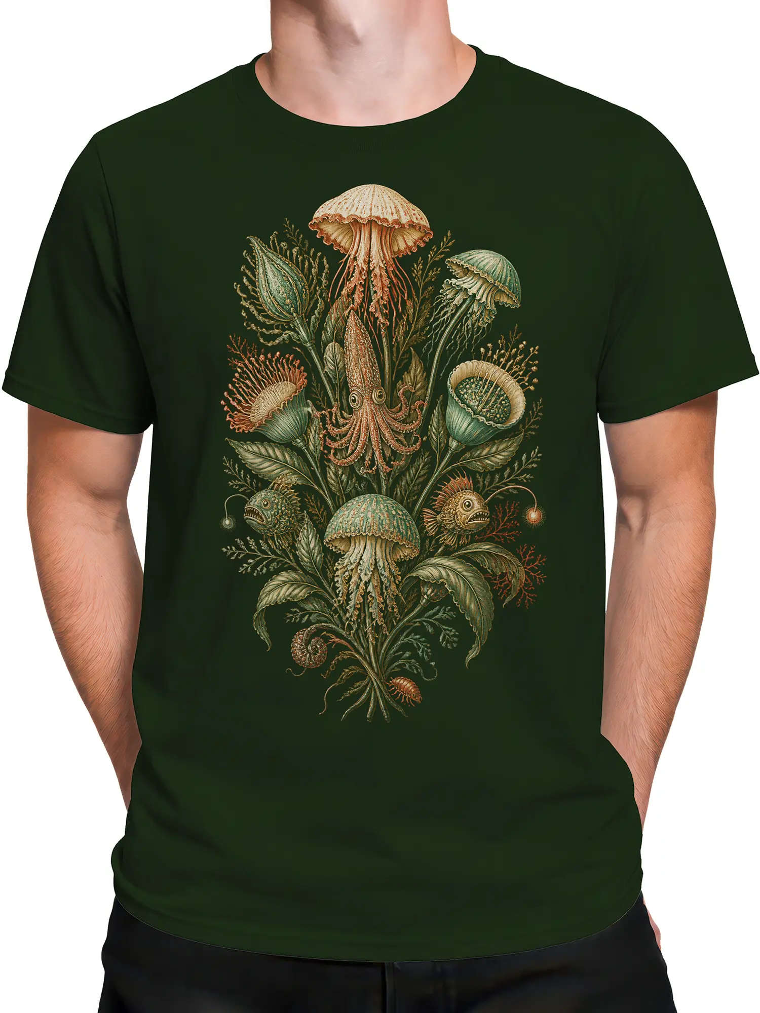 Male torso wearing a dark green vintage sea life T-shirt with jellyfish, squid, and anglerfish artwork