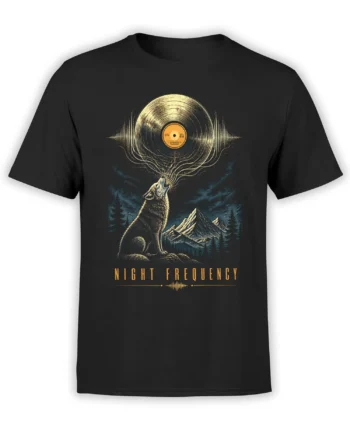 Black wolf music T-shirt with a howling wolf, vinyl record, mountains, and Night Frequency artwork