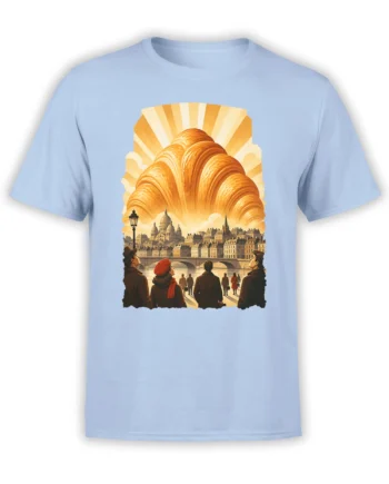 Light blue Paris graphic T-shirt with a giant golden croissant above a vintage city scene and river bridge
