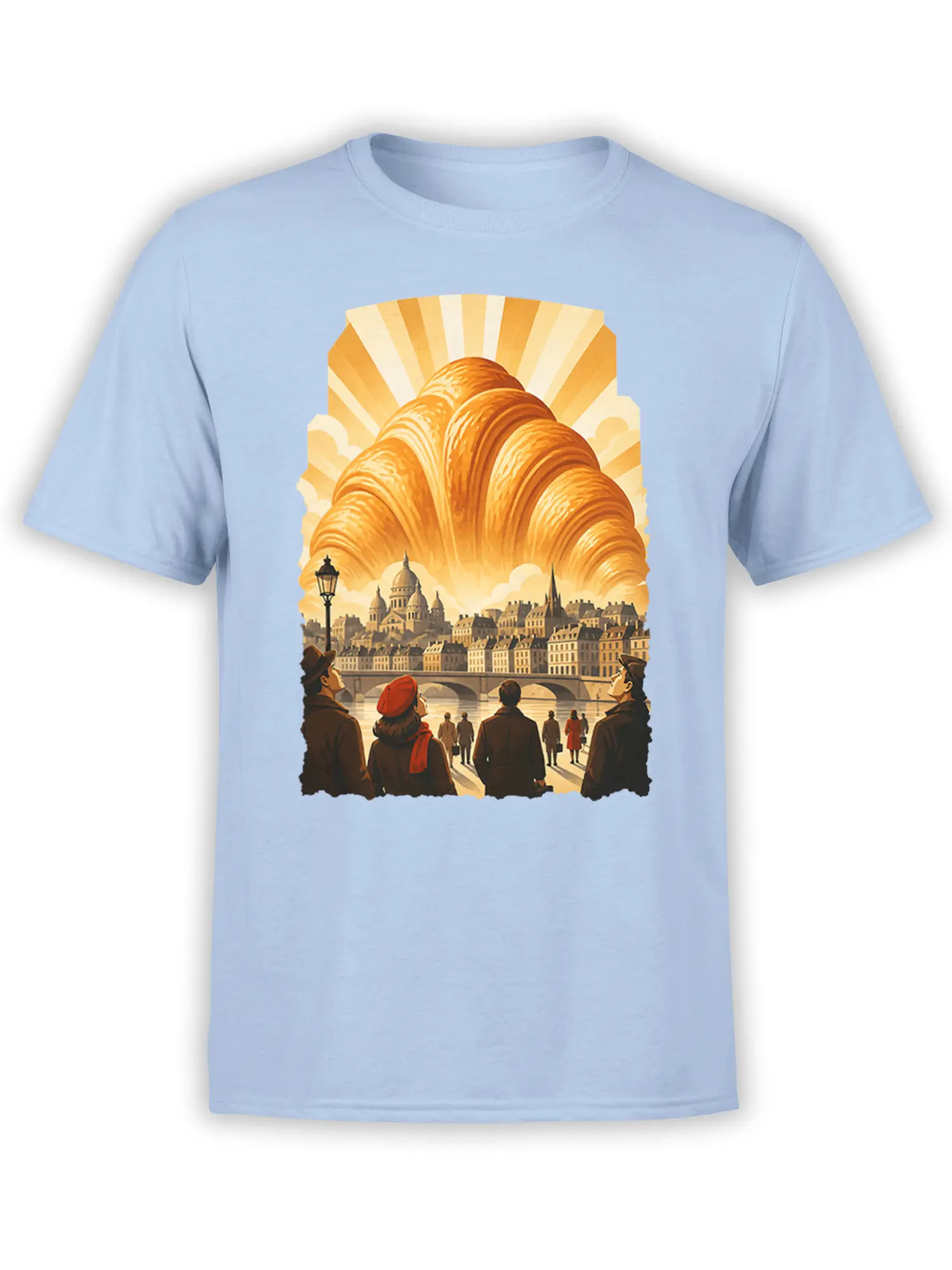 Light blue Paris graphic T-shirt with a giant golden croissant above a vintage city scene and river bridge