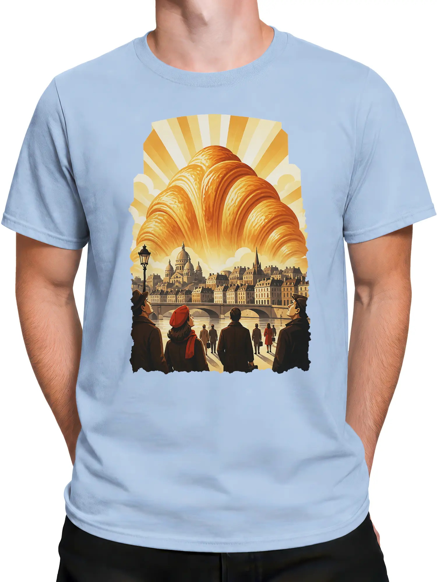 Male torso wearing a light blue vintage Paris T-shirt with a golden croissant city graphic