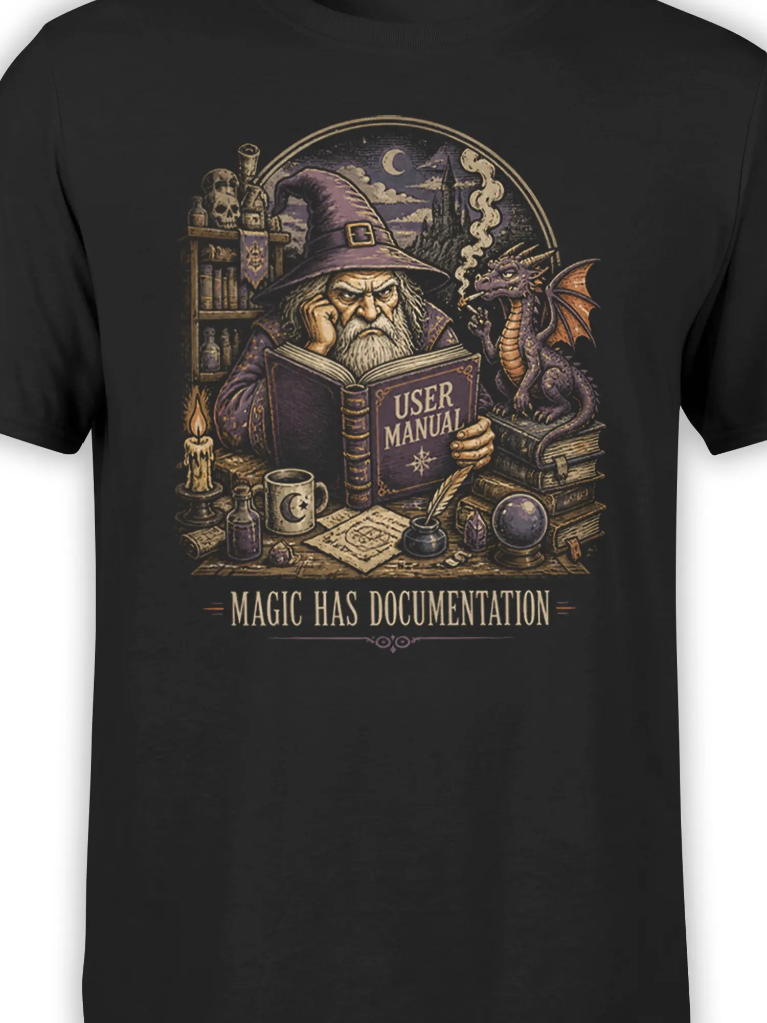 Close-up of wizard and purple dragon fantasy artwork with spellbooks and “Magic Has Documentation” text