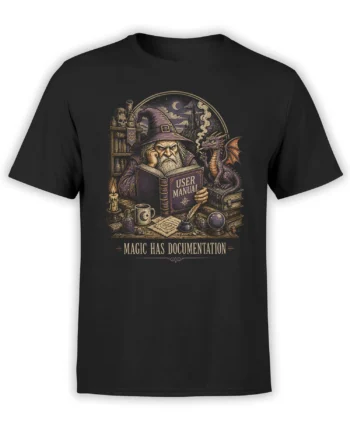 Black fantasy T-shirt with a bearded wizard, purple dragon, spellbooks, and “Magic Has Documentation” artwork