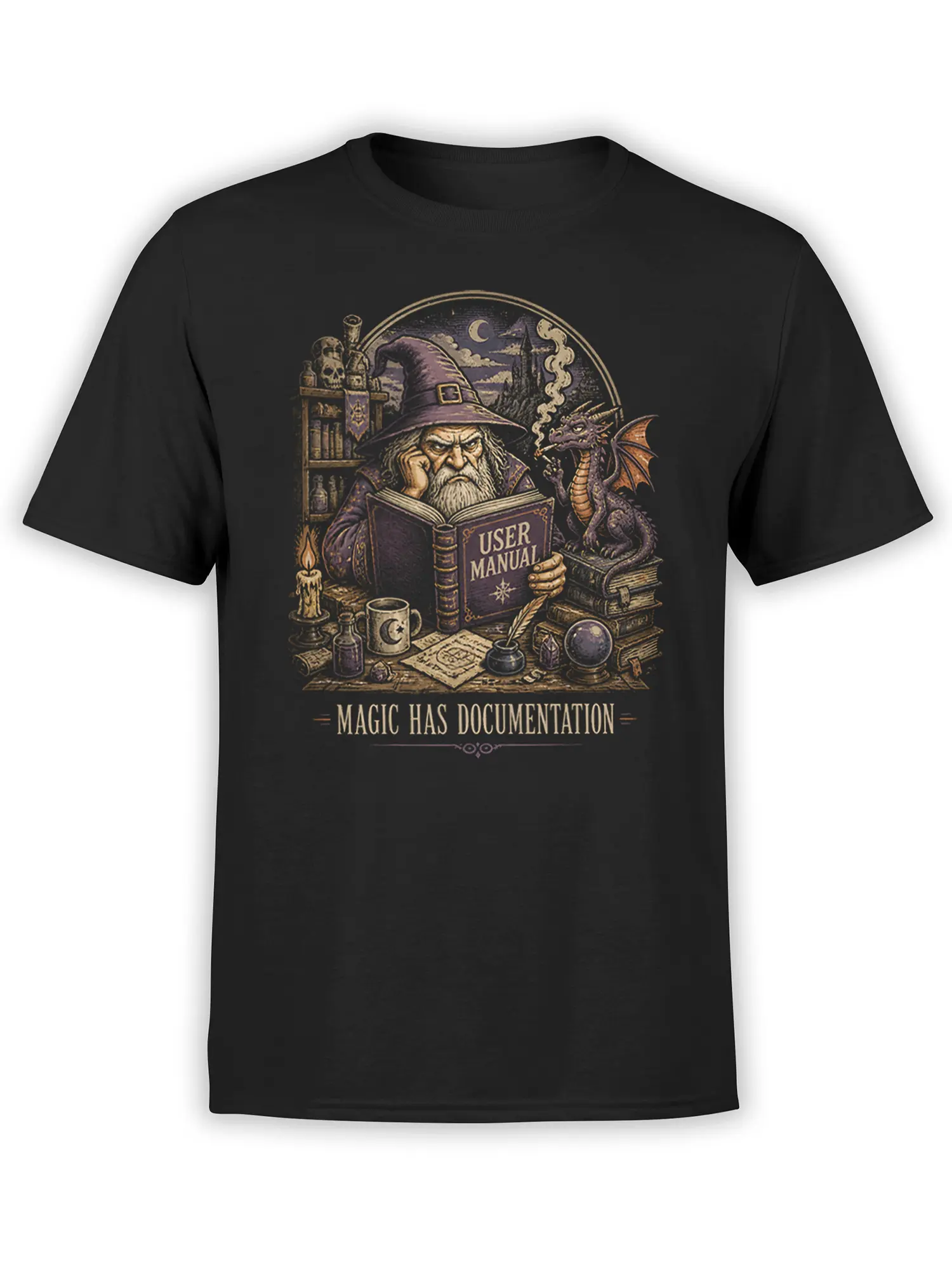 Black fantasy T-shirt with a bearded wizard, purple dragon, spellbooks, and “Magic Has Documentation” artwork