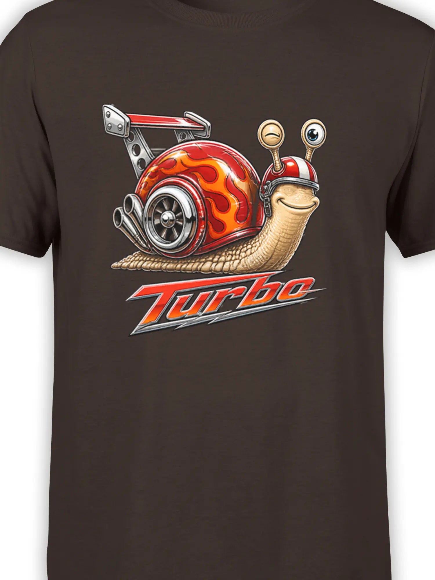 Close-up of smiling turbo snail artwork with red-orange flames and mechanical shell details on brown fabric