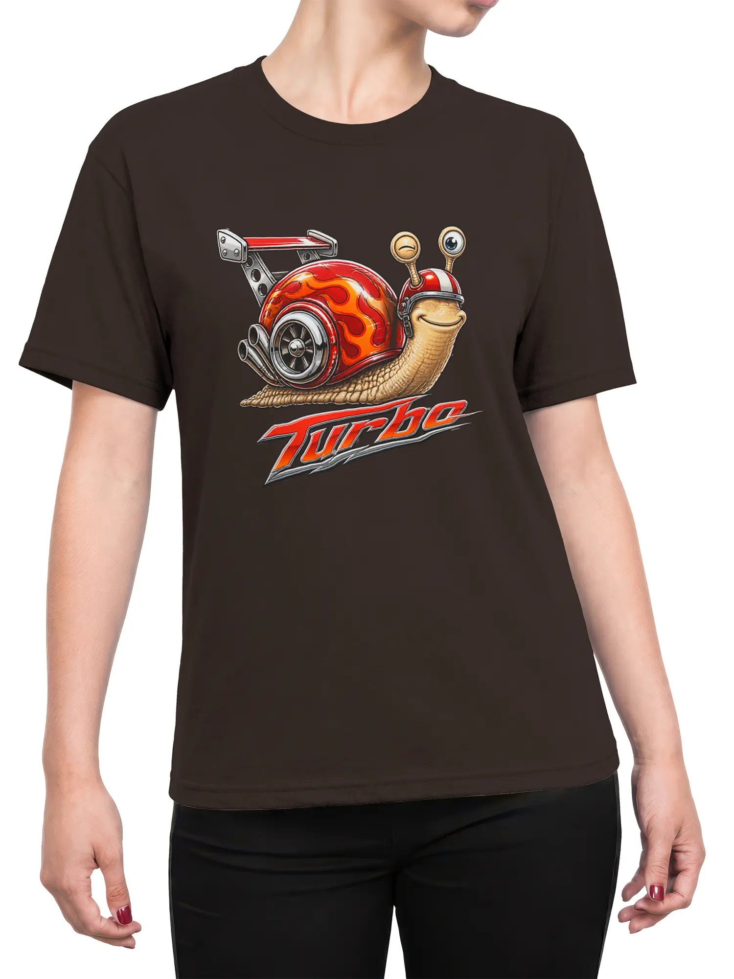 Female torso wearing a brown T-shirt with a colorful turbo snail and red-orange Turbo graphic