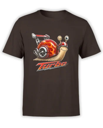 Turbo snail graphic with fiery red-orange shell and bold lettering on a brown T-shirt