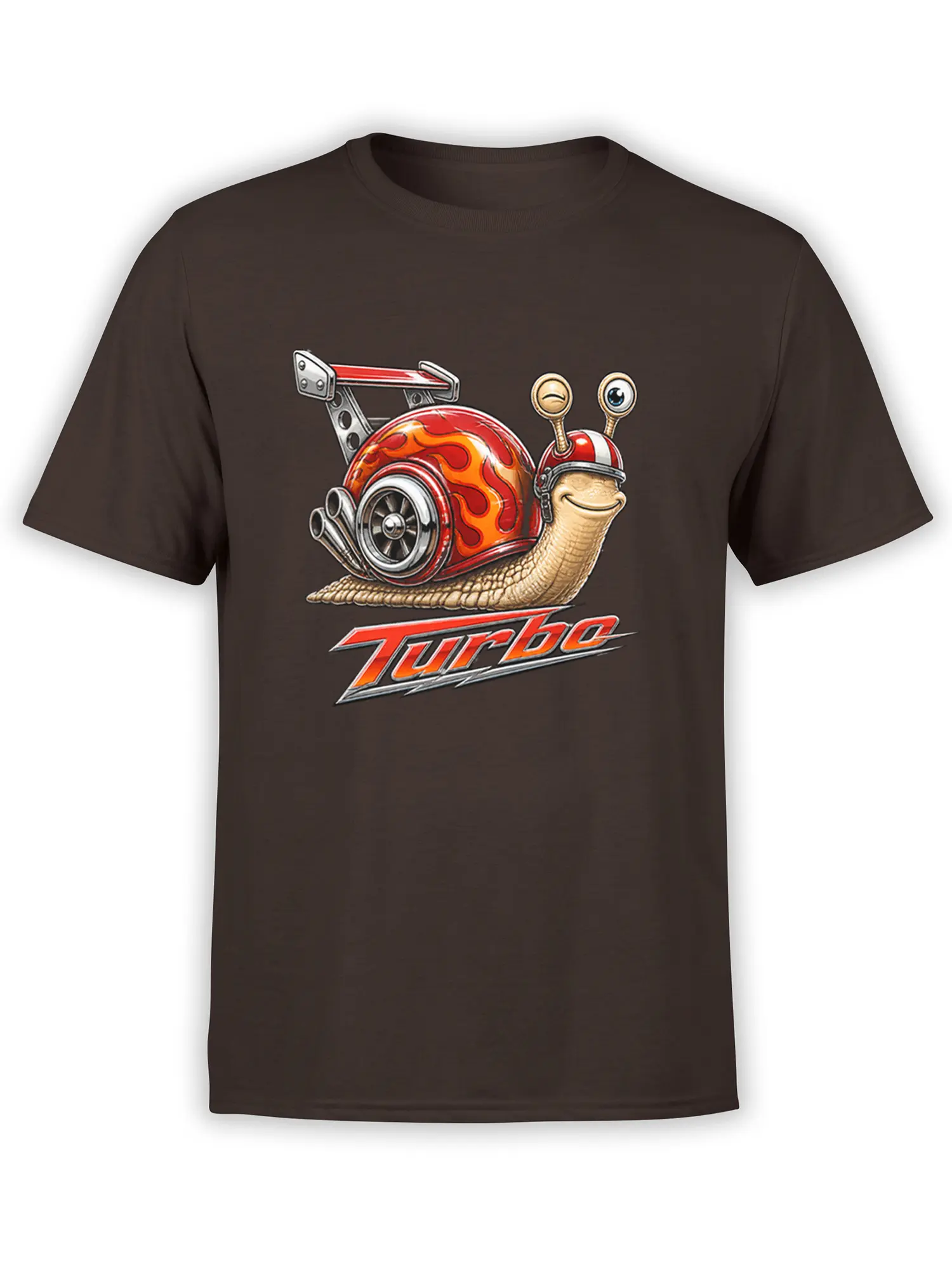 Turbo snail graphic with fiery red-orange shell and bold lettering on a brown T-shirt